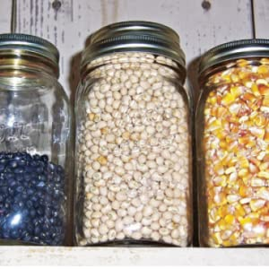 Three mason jars with different kinds of seeds in each one. 