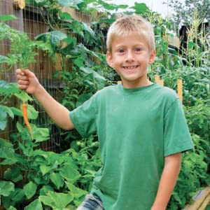 A child holding up a carrot from a nearby garden.